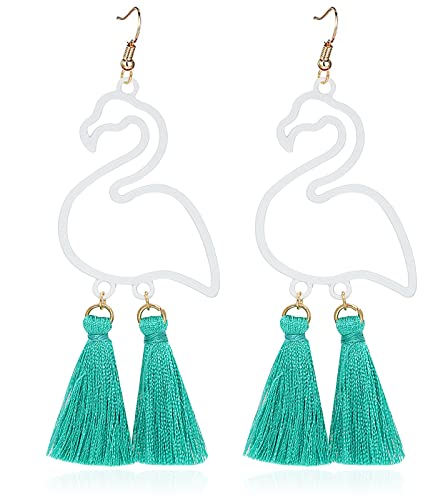 Gleamart Flamingo Earrings Bohemian Short Fringe Drap Hook Stud Clip Summer Eardrop White Green