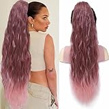 Dark Lavender Light Pink Ponytail Extension Drawstring Ponytail Curly Ponytail Extension for Women Pony Tails Hair Extensions 26 Inch Long Ponytail Extension Clip in Ponytail Hair Extensions Ponytail