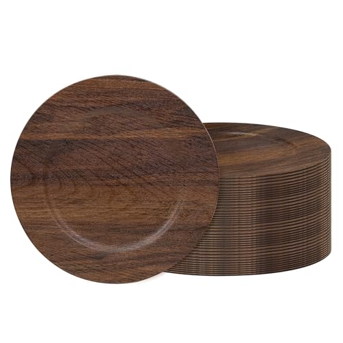 JEVERGN 40 Pack Farmhouse Charger Plates Bulk, 13'' Faux Wood Chargers for Dinner Plates, Brown Plate Chargers Set of 40, Round Plastic Charger for Wedding, Party Event, Dinner, Table Setting
