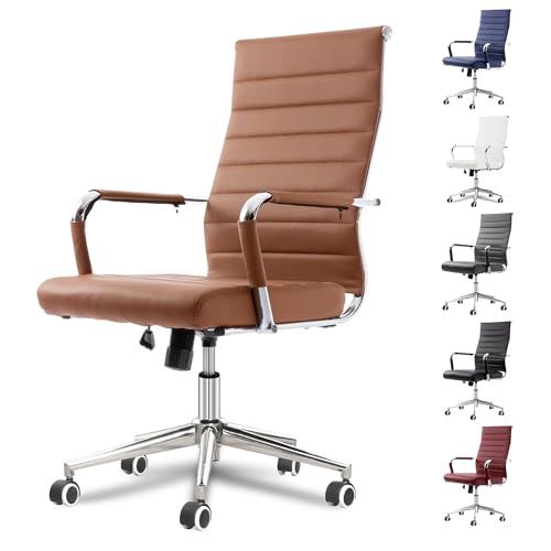 Okeysen Office Desk Chair, Ergonomic Leather Modern Conference Room Chairs, Executive Ribbed Height Adjustable Swivel Rolling Chair for Home Office. (Brown)