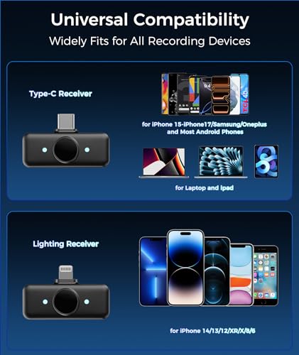 Image of Wireless Lavalier Microphone for iPhone & Android Phones, Noise Reduction & Hi-Fi Audio & 24H Duration & 50M Range, Clips-on Magnetic Lapel Mic for Video Recording /Live Stream /Vlog /Podcast /Interview
