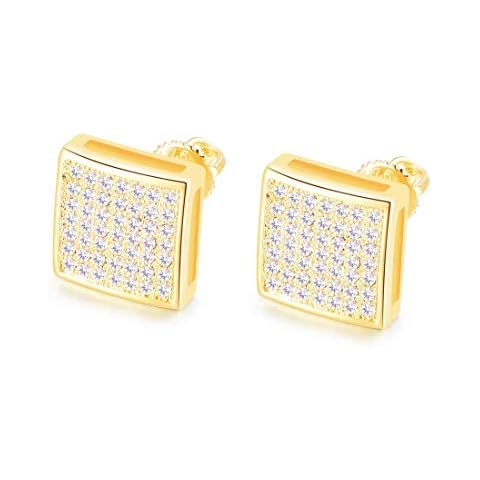 18K Gold Plated 925 Sterling Silver Iced Out Cubic Zirconia Screw Back Square Stud Earring For Men Hypoallergenic Earring Micropave Hip Hop Jewelry CHARLINLIOL Cover