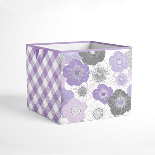 Bacati - Large Storage Tote Watercolor Flowers Purple/Gray 14 x 14 x10 inches
