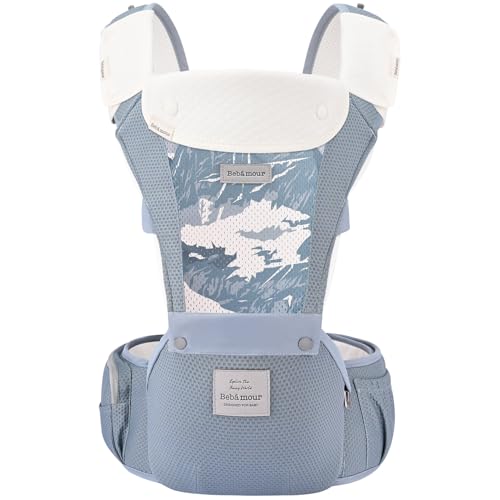 Image of Bebamour Baby Carrier Safety-Certified Hip Seat Baby Carrier Newborn to Toddler Baby Hipseat 0-36Months with Head Hood, 3 PCS Teething Pads, Waist Extender & Storage Bag,Blue