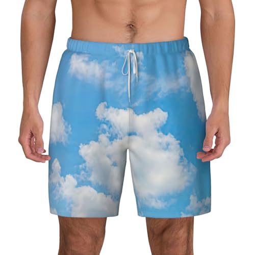 Blue Sky White Cloud Print Mens Swim Trunks Quick Dry Board Shorts Mesh Lining, Breathable Beach Surf Shorts