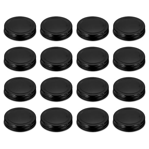 Image of HARFINGTON 16pcs Mason Jar Lids 2.76" Tinplate Regular Mouth Reusable Leak-proof Mason Canning Covers with Silicone Rings for Storage Bottle Water Bottle and Jars, Black