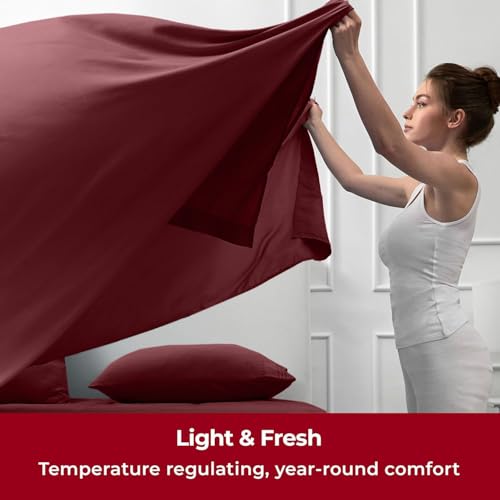 Image of Mellanni Split King Sheets Set - 5 PC Iconic Collection Bedding | Hotel Luxury, Extra Soft, Cooling Bed Sheets - Wrinkle, Fade, Stain Resistant (Split King, Burgundy)
