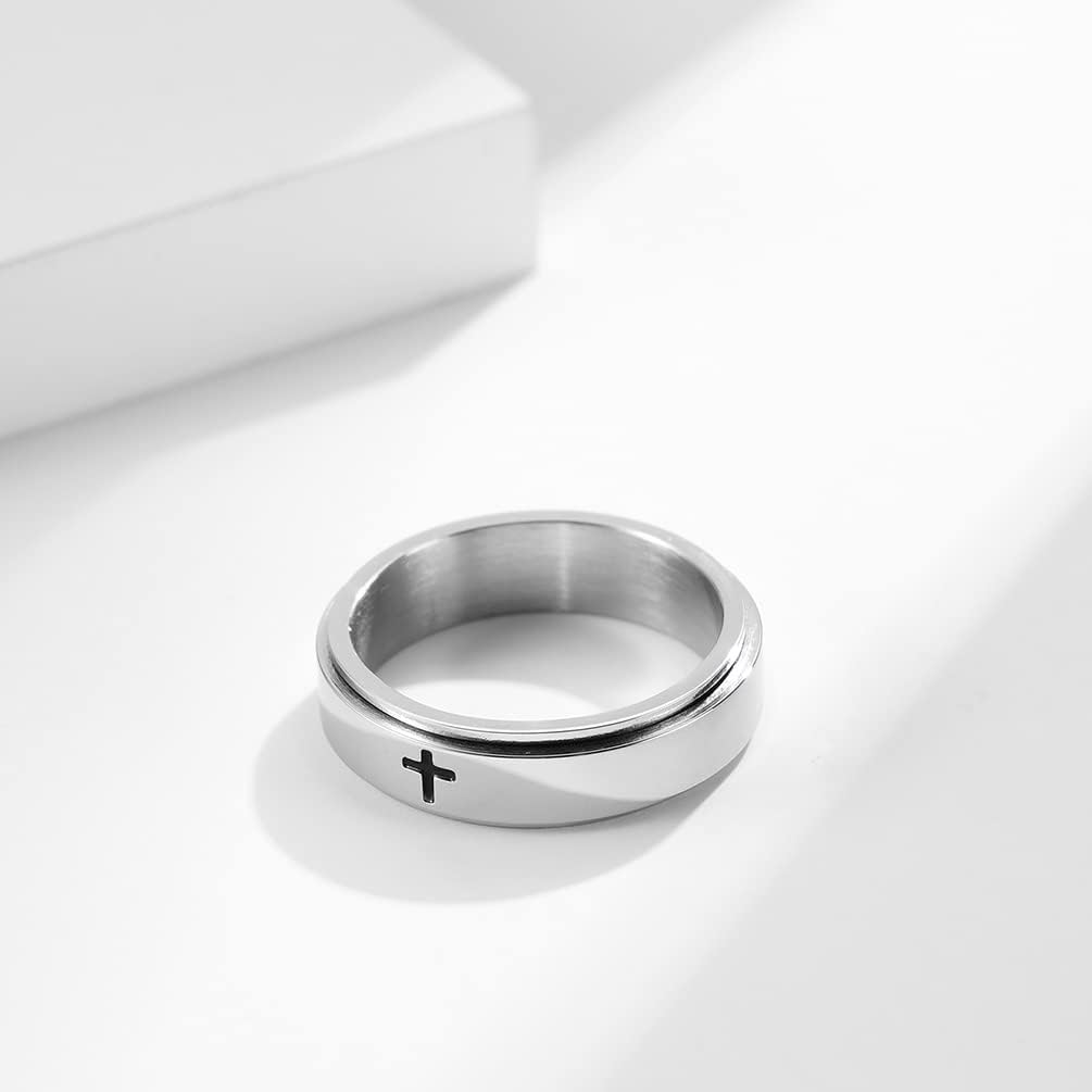 Cross Christian Ring Stainless Steel Jesus Christ Lord Prayer Anxiety Fidget Spinner Rings for Men Women Stress Relief Jewelry Gift 6mm