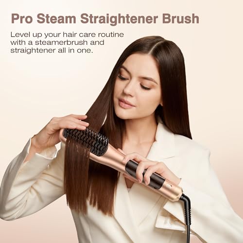 Image of Steam Hair Straightener Brush, Steamline Pro 3 in 1 Straightening Brush, Curly & Frizzy Hair,Smooth Without Flattening, 5 Temp Settings & LED Display, Dual Voltage, Professional Tools, Vivid Orange