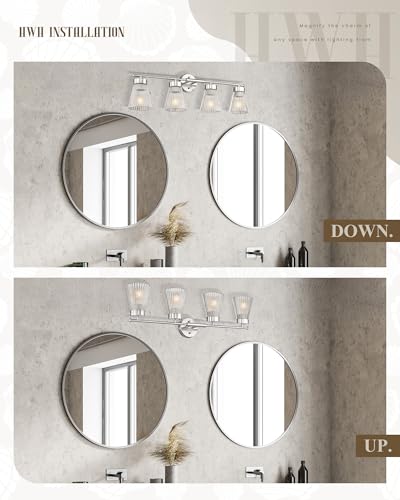 Image of 4-Light Bathroom Vanity Light Fixtures, HWH Brushed Nickel Bathroom Vanity Lighting Modern Vanity Light Over Mirror with Clear Striped Glass Shade, 5HZG97B-4W BN