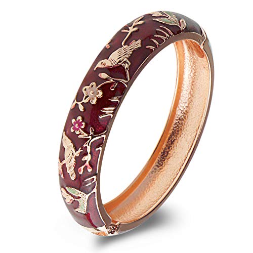 UJOY Colors Cloisonne Bracelet Handcraft Jewelry Enamel Bird Spring Hinge Women Girls Bangle Birthday Gifts Box 55C49 Wine red