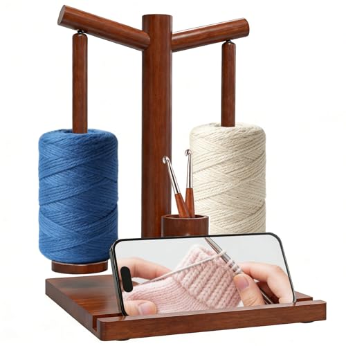 Gkmri Wooden Yarn Holder for Crocheting Magnetic Yarn Holder Spinner with 360 Rotation & 2 Spindles All-in-One with Phone Stand & Crochet Hook Storage Perfect Gifts for Knitters
