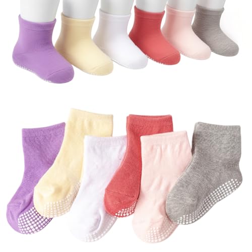 Image of MOMISY Cotton Stretch Crew Anti-Slip Baby Girl Boys Toddlers Infant Anti Skid Socks-6 Pairs (DottedFemale, 3 to 5 years)
