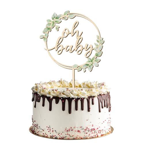 VelvetGlow Oh Baby Cake Topper de madera para baby shower con hojas verdes estilo bosque selva safari neutro