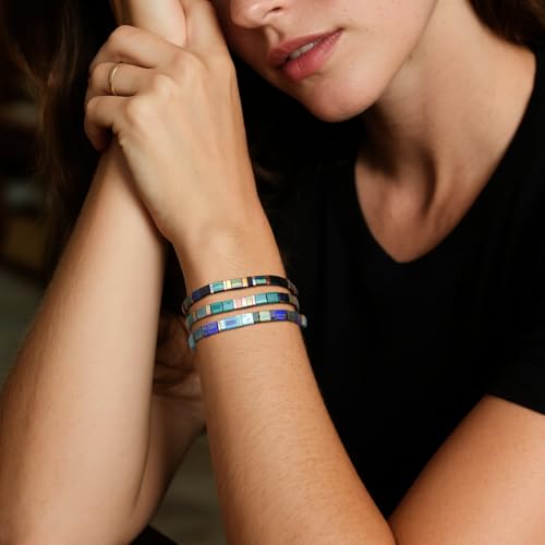 Sonateomber Tila Flat Beaded Stretch Stack Bracelets Set for Women, Trendy Stackable Colorful Glass Square Beads Bracelet Friendship Accessories Jewelry Gift2