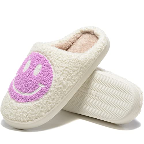 Image of Retro Fuzzy Face Slippers for Women Men, Retro Soft Fluffy Warm Home Non-Slip Couple Style Casual Smile Face Slippers Indoor Outdoor Anti-Skid Warm Cozy Foam Slide Fuzzy Slides with Soft Memory Foam Shoes