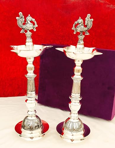 Antique Finish German Silver Peacock Diya Pair for Diwali/ Temple/ Housewarming Pooja/ Gift Item