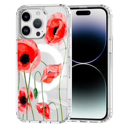 Idocolors for iPhone 15 Case, Compatible with MagSafe, Cute Poppy Flower Magnetic Phone Case, Crystal Clear Slim Fit Soft Transparent Shockproof Protective Phone Cover for Women Girls - image 1