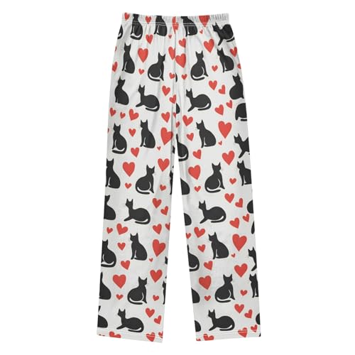 Simple Black Cats Red Hearts Pajama Pants Lounge Sleep Pants Elastic Waist Long Pajama Bottoms with Pockets for 6-14 Years2