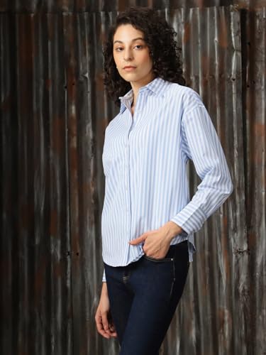 Image of High Star Women Cotton Striped Oversized Fit Collar Full Sleeves Shirts