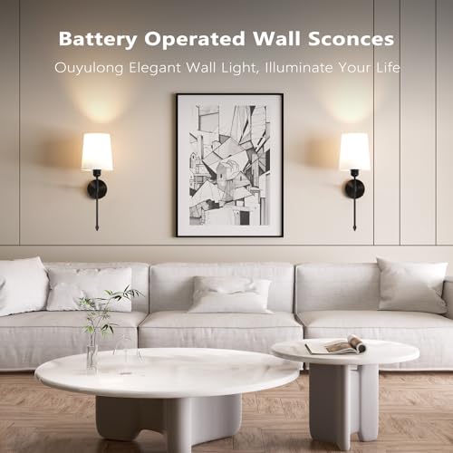 Image of Ouyulong Battery Operated Wall Sconces Set of 2, Wireless Rechargeable Dimmable Wall Light with 5600mAh RGB Bulb and Remote for Bedroom, Living Room, Hallway 24in Black