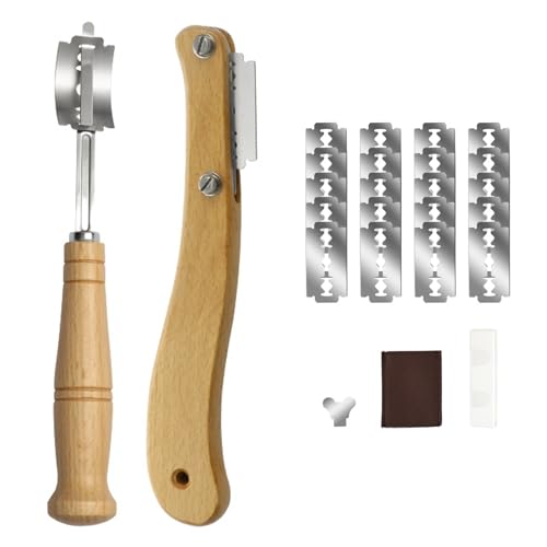 TTSTOIEE Bäckermesser – 2 Brotmesser + 20 austauschbare Klingen + Lederscheide, Teigmesser mit rutschfestem Holzgriff, scharf und langlebig
