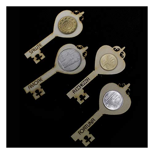  DLM-31836 (Kit 12 Pezzi) Magnete Calamita Chiave Portafortuna in Legno con Moneta Lira Lire Repubblica Italiana 1946-2001 Pre-Euro Monete d\'Epoca bomboniera