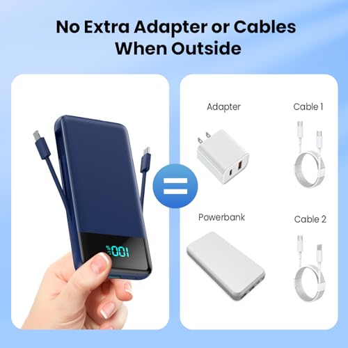 Image of Portable Charger for iPhone,13800mAh Slim Power Bank with Built-in Cables & AC Wall Plug,All in One 4 Outputs USB C Fast Charging Battery Pack Travel Essential for iPhone 17 /16 /15 /14,Android (Blue)