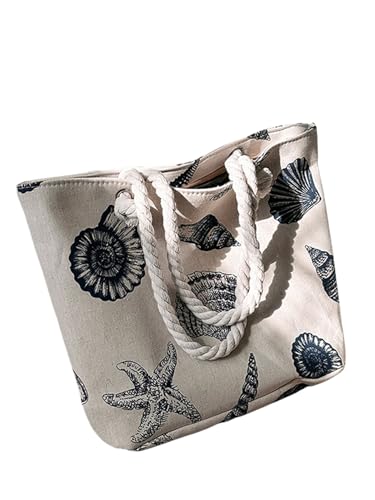 Bolso tote de lona para mujer de SHENHE con estampado de concha y estrella de mar, asas trenzadas, ideal para la playa, viajes y compras miniatura 1