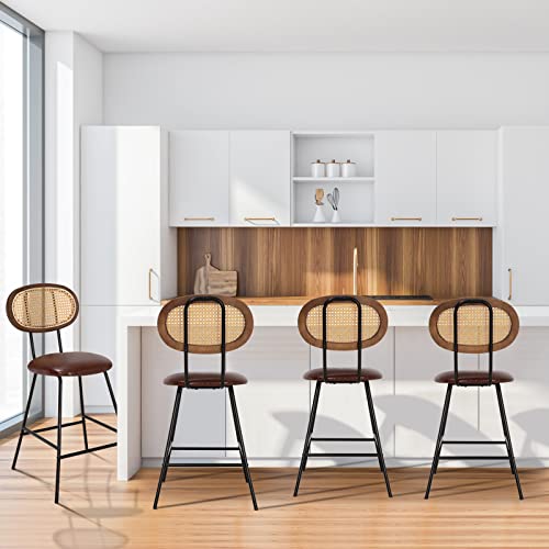 Sunseen Counter Stools Rattan Back Dining Chair,Indoor Faux Leather Bar Stools Set Of 2, Armless Dining Chairs With Rattan Backrest,24" Modern Metal Counter Height Barstools Dark Brown #TOP6
