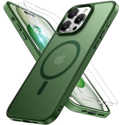 Image of Miracase Magnetic for iPhone 15 Pro Case 6.1 inch (Compatible with MagSafe)(with 2X Screen Protectors)Military-Grade Protection, Anti-Fingerprint Translucent Matte Phone Cover, Dark Green