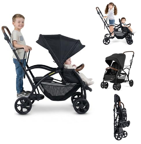 INFANS Sit and Stand Double Stroller, Foldable Tandem with Standing Platform Reclining Backrest, Adjustable Handlebar and Footrest, Storage Basket...