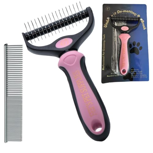 Deshedding Dog & Cat Rake Double-Sided De-Matting Rake for Medium & Long Hair Pets - Easily Removes Tangles, Knots & Loose Fur - Bonus Free Stainless Steel Comb (Pink)
