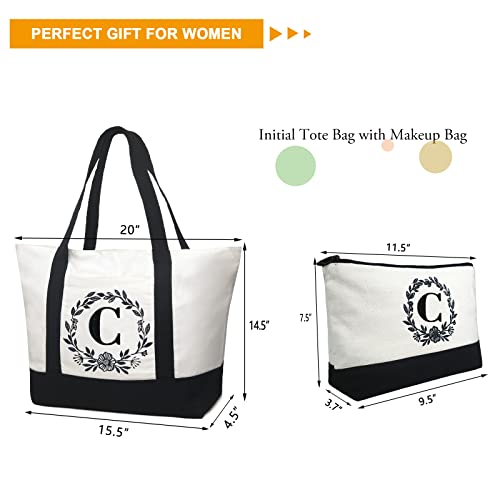 Image of BeeGreen Initial Canvas Tote Bag w Top Zipper Closure & Pockets 12oz Personalized Embroidery Monogrammed Gift Bag for Women