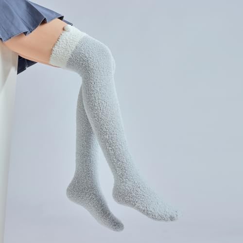 Image of Thigh High Fuzzy Socks Cute Animal Coral Fleece Over the Knee Thigh High Long Stockings Warm Stripe