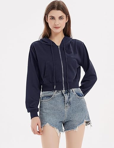 Image of Casual Wear Solid Crop Zipper Jacket Hooded Neck Full Sleeves with Kangaroo Pocket Hoodie for Women