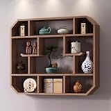 Solid Wood Chinese Tea Cup Holder, Wall Mounted Teapot Display Stand, Wall Decoration Teaware Shelf Storage Rack, Wall Mountable Curio Display Case for Collectible Figurines, Succulents(27.6*4.7*21.7'