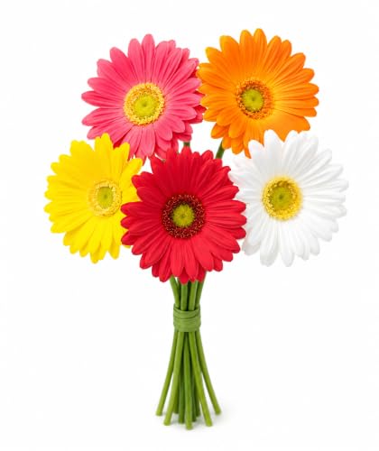 Image of CURATED CART Artificial Gerbera Daisy Flowers - Pack of 5 Faux Blooms, 30 cm | Real Touch PU Petals with Bendable Green Stems | Mixed Colours Flower Bouquet for Home, Kitchen, Office Decor (No Vase)