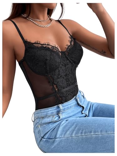 SHENHE Women's Floral Lace Spaghetti Strap Sheer Mesh Sleeveless Cami Bodysuit Tops3