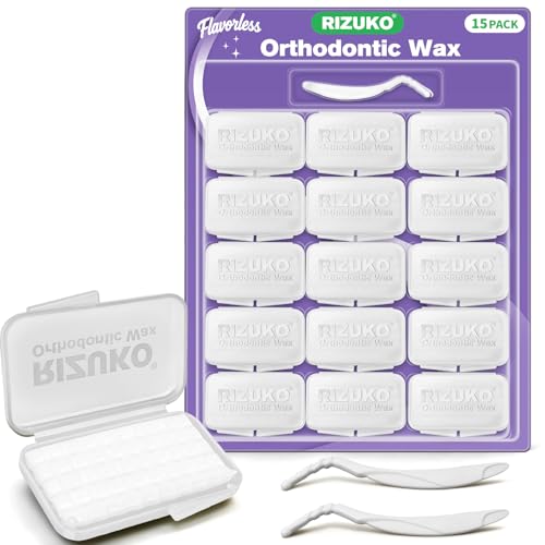 Rizuko Orthodontic Wax for Braces 15-Pack, Pre-cut 750 Braces Wax Dots,Dental Care Orthodontic Wax Strips with Hygienic Individual Wraps and 2Pcs Scraper Kit,Unflavored