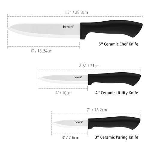 hecef Set di Coltelli in Ceramica, 3 pezzi Professionali Coltelli Ceramica da Cucina Mai Arrugginito, Inclusi 6'' Coltello da Cucina, 4'' Coltello da Frutta, 3'' Coltello di Sbucciatura (Bianco) - immagine 5