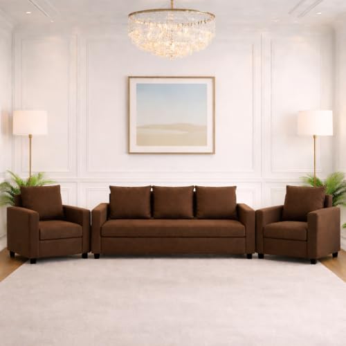 Image of Wood 3+1+1 Sofa Set 5 Seater | Velvet Fabric Upholstery | Wooden Frame Sofa Set with 3 Seater & 2 Single Chairs for Living Room, Home & Office (Brown)