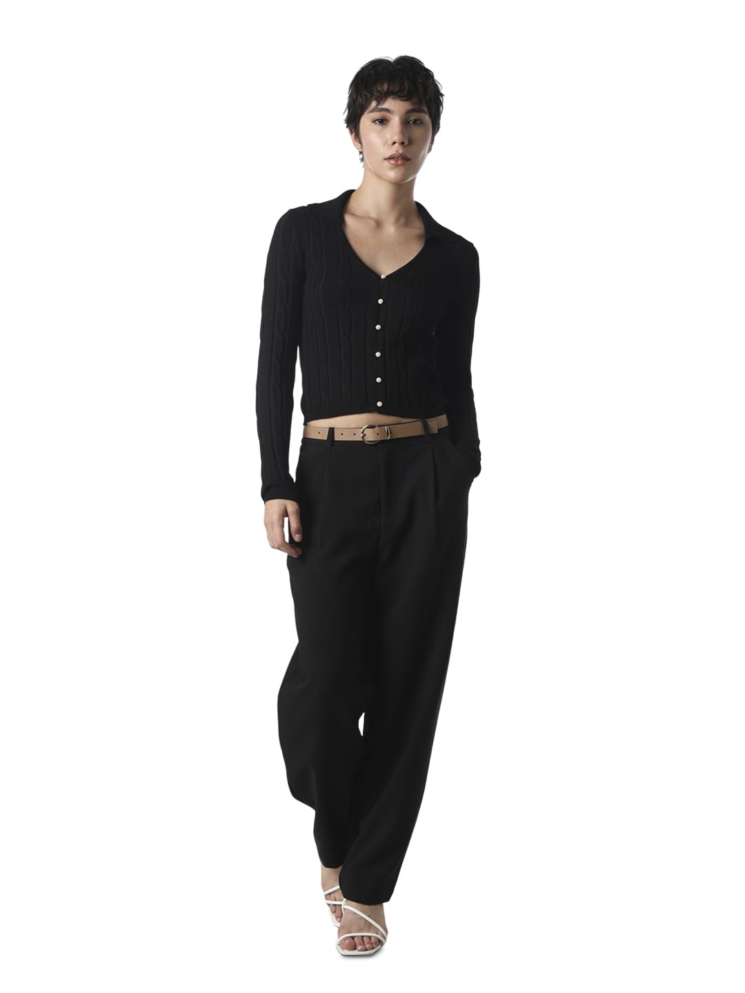 only Women Self Design Pearl Button Shirt Style Crop Top-picture-20