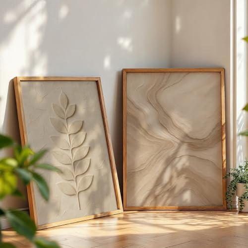 Image of NoWorries Minimal Leaf Wall Painting Set of 2 with Frame | Neutral Beige Botanical Leaf & Abstract Marble Texture Artwork, Modern Nature Wall Decor for Living Room, Bedroom, Office and Home Decoration (Art-4, 21x31inch)