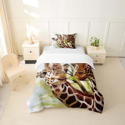 feelingyou Zwei Giraffen Bettwäsche-Set Grüne Baumblätter Bettwäsche Set 135x200cm Ölgemälde Betten Set für Kinder Jungen Mädchen Teenager… – Ansicht 5