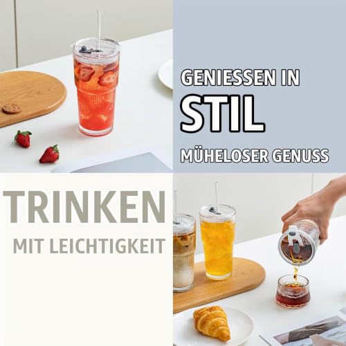 SoulTimes 600 ml Glasbecher mit Deckel und Glasstrohhalm, 4 Stück  – Stilvolle gerippte Trinkgläser für Iced Coffee, Saft… – Ansicht 7