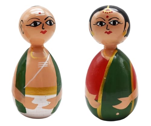 Image of Channapatna Wooden Decorative Dolls, Traditional Indian Art, Hand-Painted Figurines, Set of 2