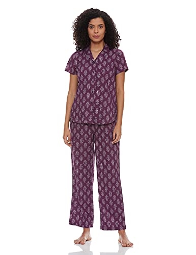 Image of Amazon Brand - Myx Women Cotton Shirt and Relaxed Pajama Set Night Suit Set (Available in Plus Sizes)