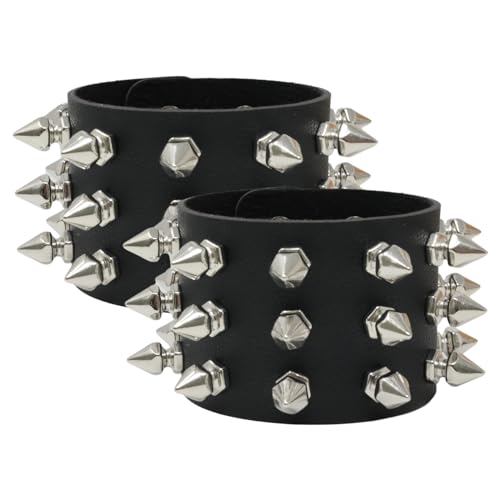 Honbay 2PCS Exaggerated Black Leather Rivet Wristband Spiked Studded Bracelet Gothic Punk Rock Biker Wristband Wide Strap Leather Bracelet Cuff Wrap Bangle Snap Button Metal Wristband for Men Women