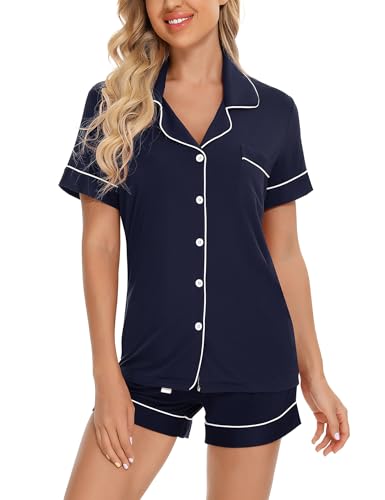 Image of Anjue Womens Pajamas Set Short Sleeve Button Down Soft Pj Sets S-XXL | V neck,Pyjamas,Modal,Wedding,Pijamas de mujer,Bridal party,Viscose,Knit,Cute,Lounge,Lightweight,Nursing,Holidays